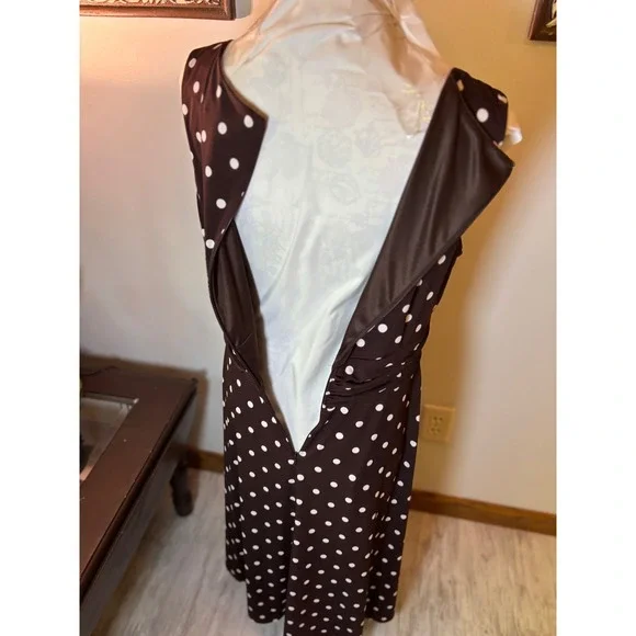 Y2K Jessica Howard Dress Brown White Polka Dot Sleeveless Midi Career Casual - Picture 6 of 16
